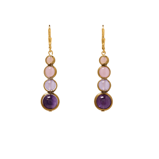 A pair of drop earrings featuring round beads in a gradient of pink and purple shades.