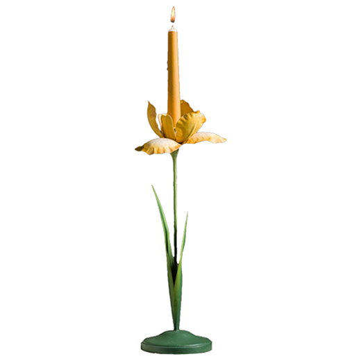 A green and yellow candlestick in the form of a spring Iris flower. A yellow candle is placed on its top.