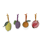 Four woodcut fruit decorations. From left to right: a yellow lemon, purple grapes, an orange clementine, and a pink pomegranate.