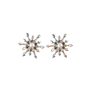A pair of small stud earrings in the shape of silver snowflakes. Each earring features small white crystals.