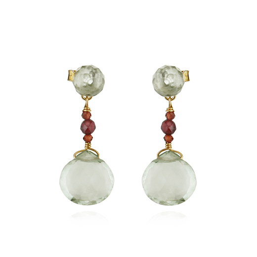 A pair of drop earrings with red and pale green stones.