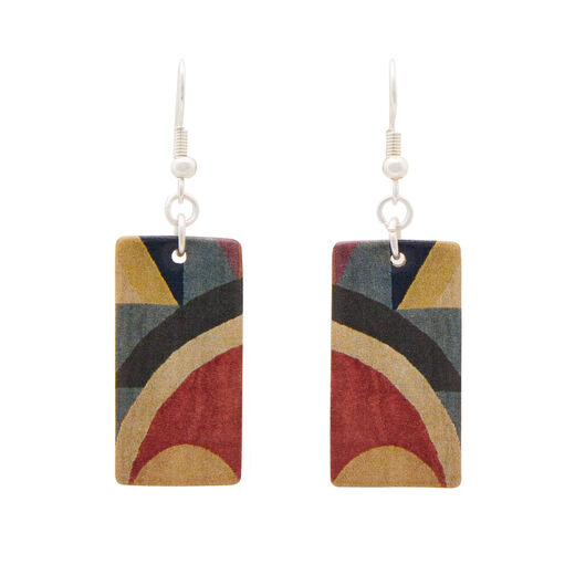A pair of rectangular hook earrings featuring a blue, cream and red pattern.