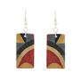 A pair of rectangular hook earrings featuring a blue, cream and red pattern.