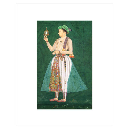 Watercolour portrait of Prince Salim, a noble 17th century Indian Royal, on a rich ground of dark green