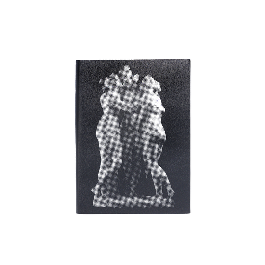 The front cover of a black notebook featuring the image of Canova's Three Graces sculpture group. 