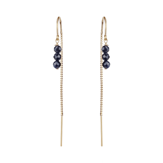 A pair of pull through earrings with a gold chain and three round blue stones.