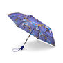 An open umbrella with a purple floral pattern.