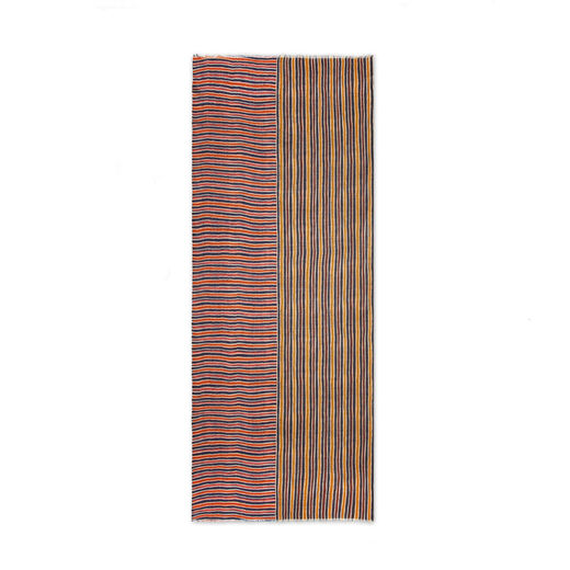 A striped scarf with a pattern of vertical and horizontal lines in orange, yellow, blue and white.