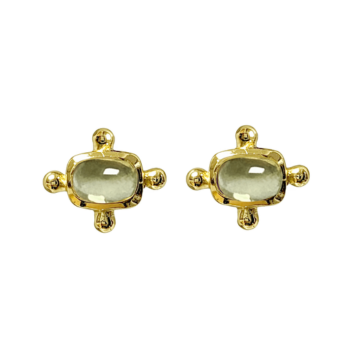 Stud gold earrings, each with a rectangular pale yellow stone in the centre.