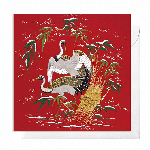 Pack of 8 Christmas cards featuring a Japanese illustration of Cranes in the Snow