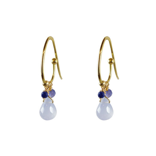 Iolite sapphire and chalcedony drop hook earrings by Mounir