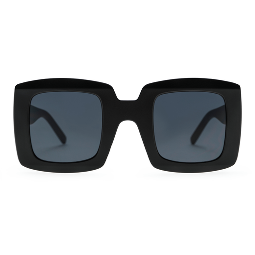 Chunky black sunglasses with dark lenses.