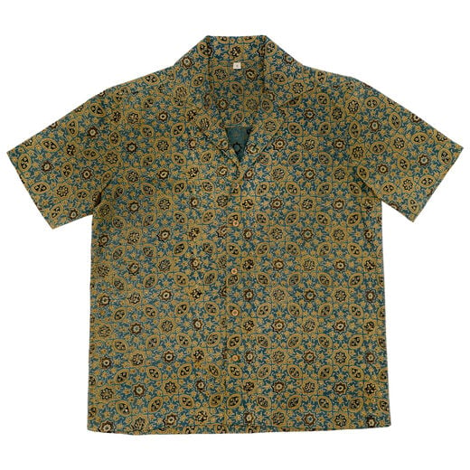 Geometric green and yellow block-print shirt