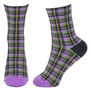A pair of socks featuring a purple tartan pattern.