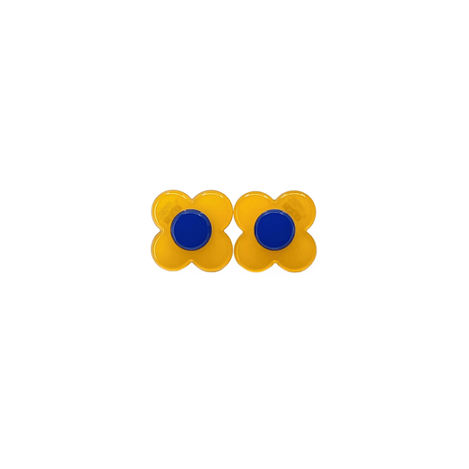 A pair of flower shaped stud earrings, with a blue centre and yellow petals.
