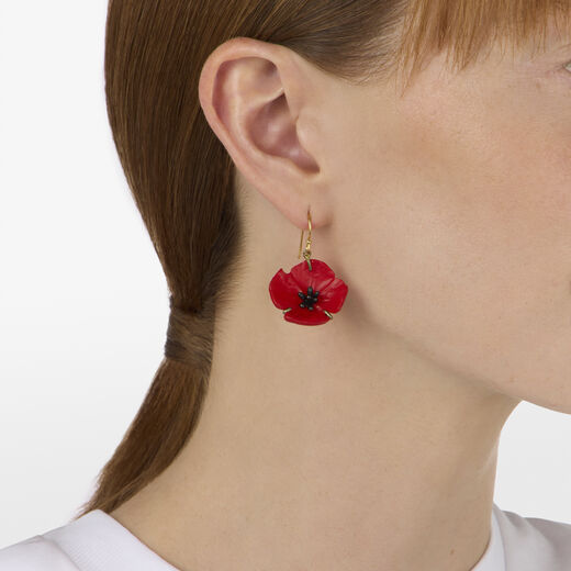 Red poppy hook earrings by Michael Michaud