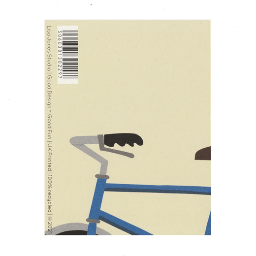 The back of a greeting card with a illustration of a bike.