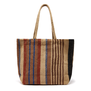 Large square jute bag with a pattern of brown, blue and red vertical stripes.