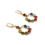A pair of drop earrings with a hoop of multicoloured stones set in gold findings.