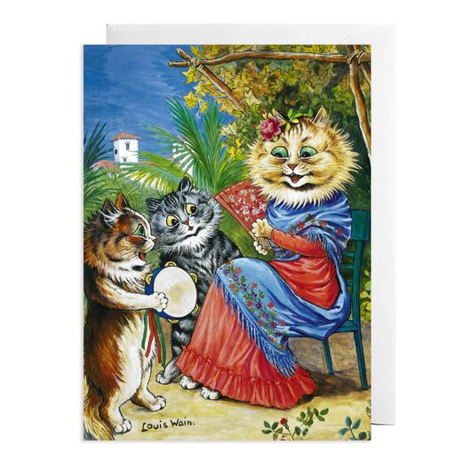 Drawing showing a landscape with a cat dressed as a Spanish woman, holding a fan and watched by two kittens. One of the kittens is playing a tambourine.