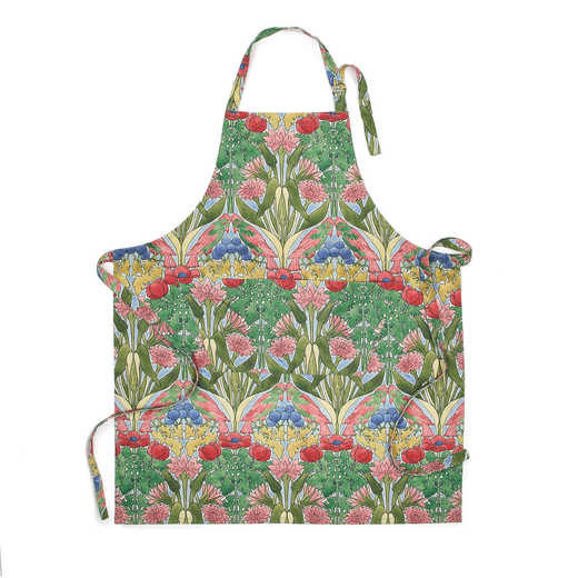 A green and red apron featuring a botanical pattern with parrots.