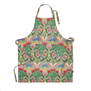 A green and red apron featuring a botanical pattern with parrots.