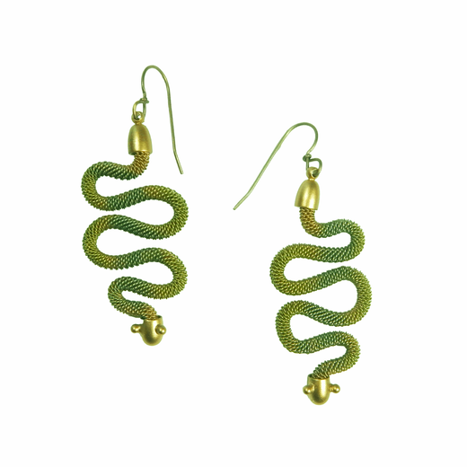 Snake shaped gold and green hook earrings.