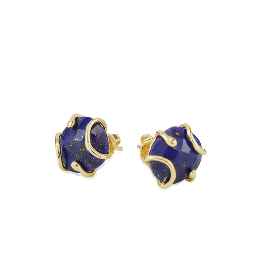 A pair of stud earrings, each made of a blue stone wrapped in gold bands.
