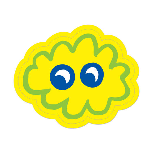 A bright yellow doodle cloud shaped sticker with blue eyes.