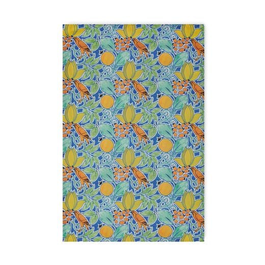 Tea towel with a pattern depicting orange birds and green leaves on a blue background. 