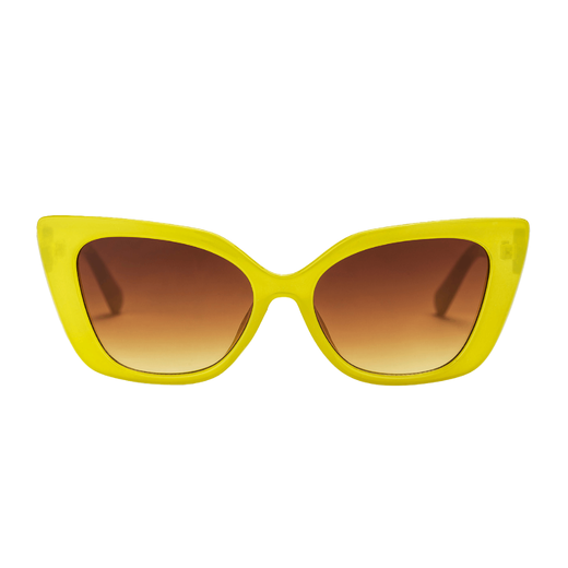 A pair of sunglasses with yellow frame seen from the front.