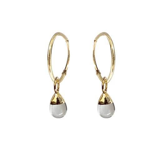 Hoop gold earrings, each with a drop shaped white stone.