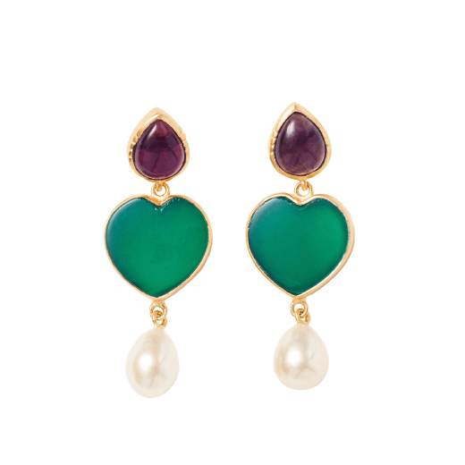 Earrings featuring amethyst studs, green onyx heart shaped pendant and white freshwater pearls.