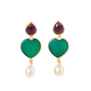 Earrings featuring amethyst studs, green onyx heart shaped pendant and white freshwater pearls.