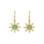 Gold-tone hook earrings with pale green imitation peridot stones surrounded by stylised ray designs