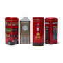 Four tin tea caddies modelled on a London red bus, Big Ben, post box and phone box.