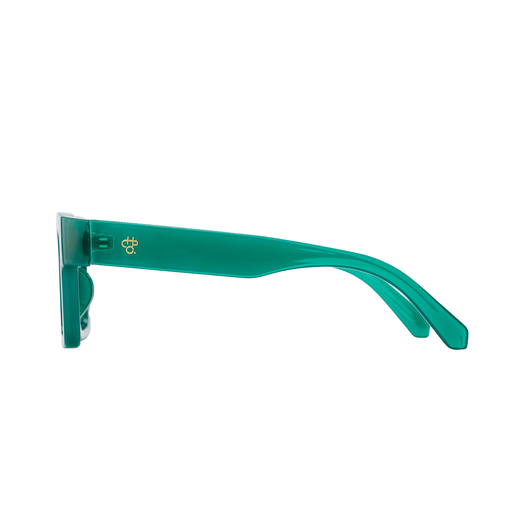 A pair of sunglasses with a bright green frame, seen from the side.