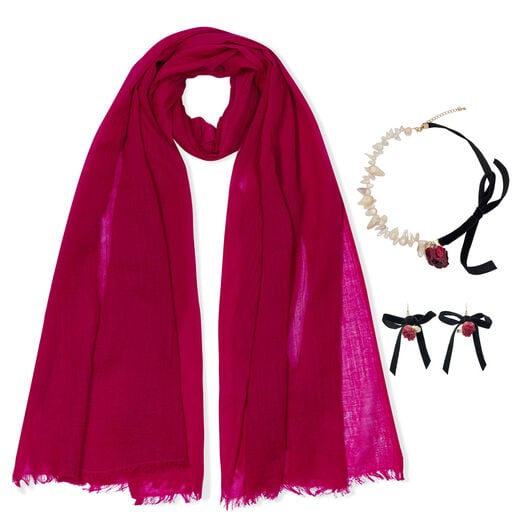 Vivid merino scarf and black ribbon jewellery set