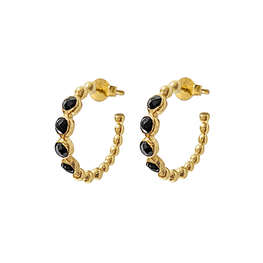 Gold hoop earrings, each with four round black onyx stones.