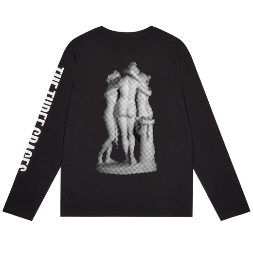 The back of a black long sleeve t-shirt with white prints. The print on the back shows a neoclassical sculpture group and white capital letters on one of the sleeves.