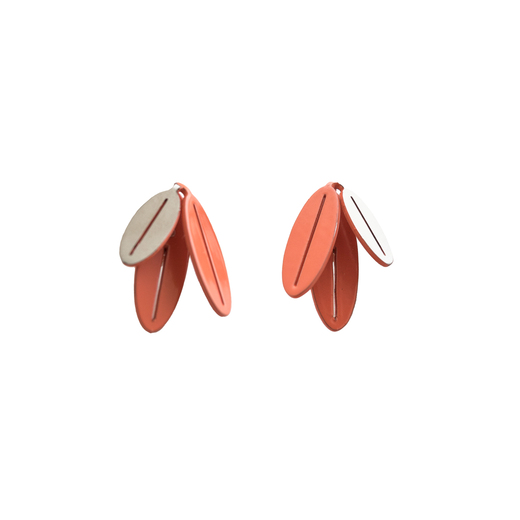 A pair of salmon red stud earrings. Each is made of three oval shaped parts.
