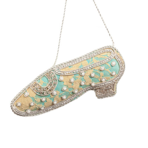Embroidered hanging decoration shaped as an 18th century shoe