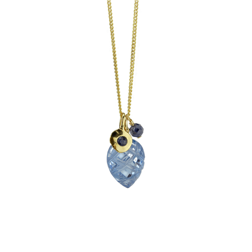 Gold chain necklace with three blue stones pendants. 