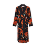 Long black dressing gown with a red foliage pattern.