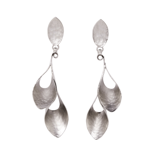 Silver earrings featuring abstract organic shapes.