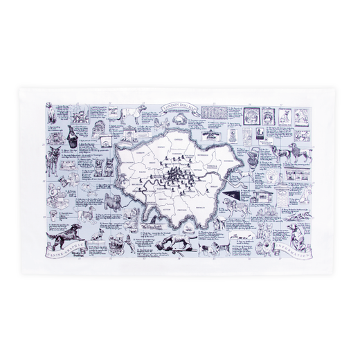 A blue and white tea towel with an image of the map of London.