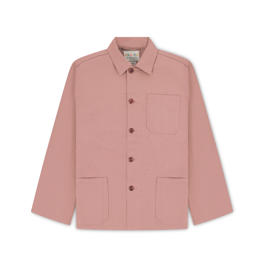 Dusty pink shirt with three front pockets and four brown buttons.