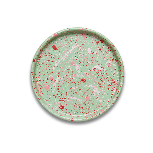 Green splatter enamel round tray by Bornn