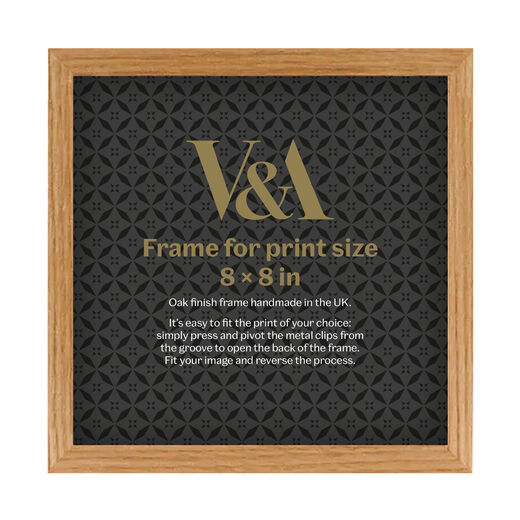 A wooden square frame with a black backing paper featuring a V&A pattern and logo. The oak finish gives it a natural wood colour.