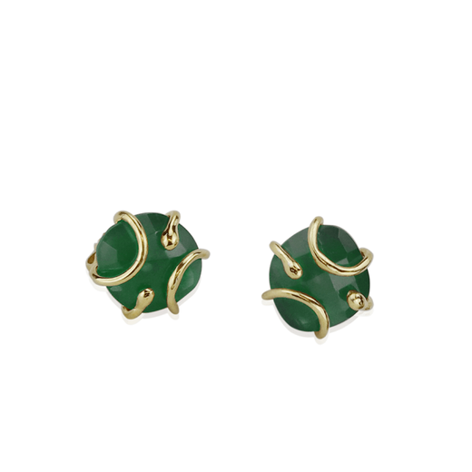 Stud earrings with a green stones wrapped in gold bands.